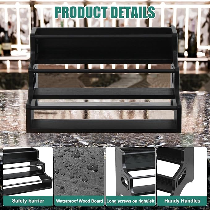 AT-VALY 3-Tier Liquor Bottle Display Shelf, Iron&MDF Countertop Wine Rack, Liquor Cabinet for Home Decor, Mini Bar(Black Grain)