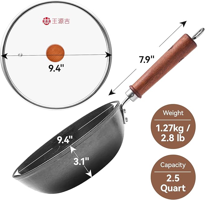 WANGYUANJI 9.5 Inch Cast Iron Wok with Glass Lid ??Small Flat Bottom Stir Fry Pan with Wooden Handle, Non-Coated Cookware for Gas & Open Flame