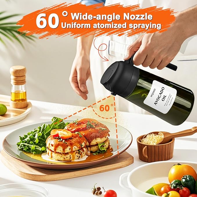 2 in 1 Glass Oil Sprayer & Dispenser,16oz/470ml Olive Cooking, Air Fryer, and Salad, for Kitchen Gadgets and Air Fryer Accessories, w/Stickers (Black + Dark Green Bottle 2)