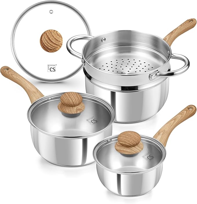 KOCH SYSTEME CS Stainless Steel Saucepan Set with Steamer, 18/10 Stainless Steel Pots 1QT& 2QT & 3QT, Sauce Pan Set with Cool-Touch Handles, Tri-Ply Steel Base, Induction Compatible Pots