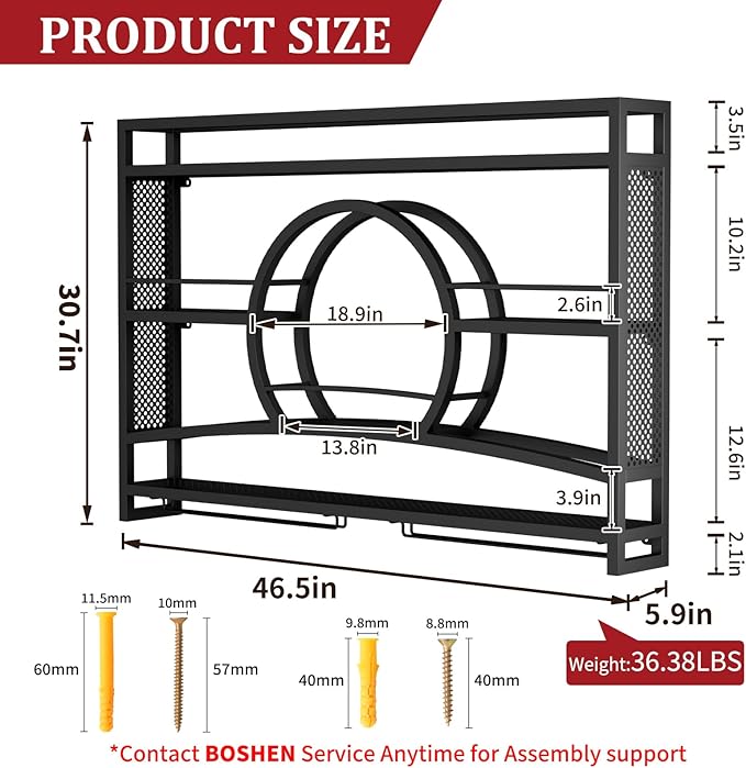 Boshen 3-Tiers 46in Wine Rack Wall Mounted with LED Light, Sunset Shape Hanging Bar Liquor Wall Shelves with Glass Holder Metal Display Rack for Kitchen Coffee Dining Room Home, No Assembly Required