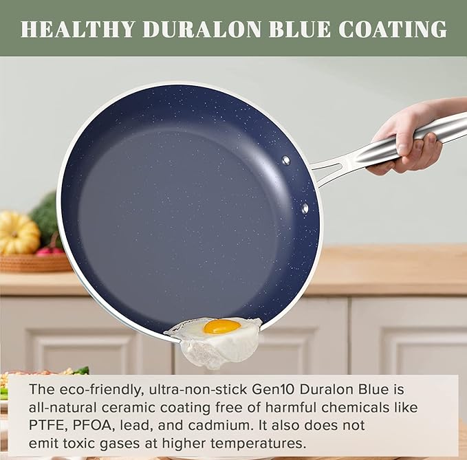 Nuwave Pro-Smart 12??& 8??SS Fry Pan Set, Healthy Duralon Blue Non-Stick Ceramic Coating, Heavy-Duty Tri-Ply Construction, Ergonomic Stay-Cool Handles, Induction-Ready & Works on All Cooktops