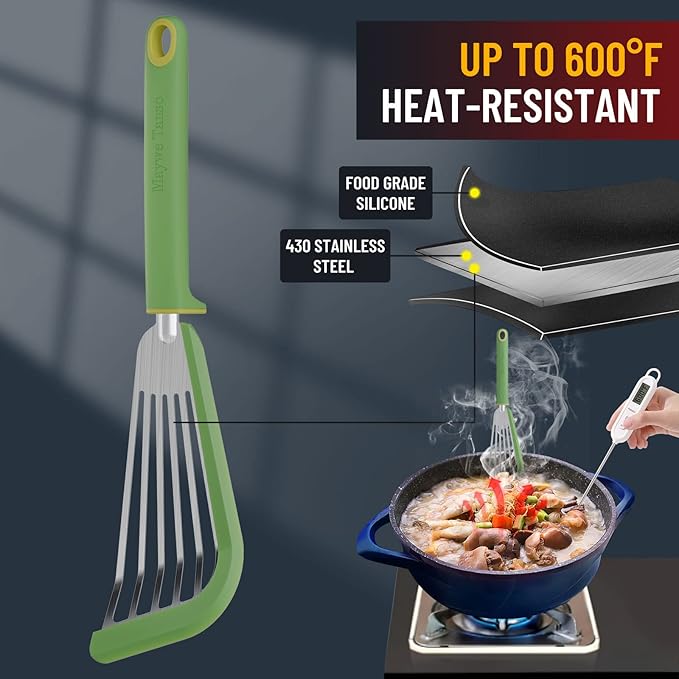 Fish Spatula,600??Heat Resistant Silicone Fish Spatula with Basting Brush,for Nonstick Cookware,Flexible Slotted Fishs Turner Spatulas,BPA Free,Dishwasher Safe(Green)