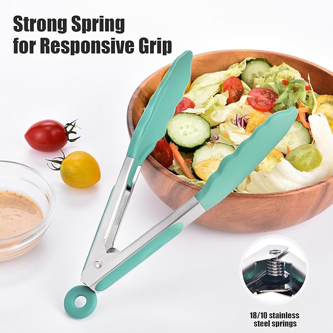 Doosu Kitchen Tongs for Cooking - 600째F Heat Resistant Food Tong Set with Non-Scratch Silicone Tips, Heavy Duty Stainless Steel Locking Tong for BBQ, Grilling Steak, Serving (7+9+12in, Aqua Sky)