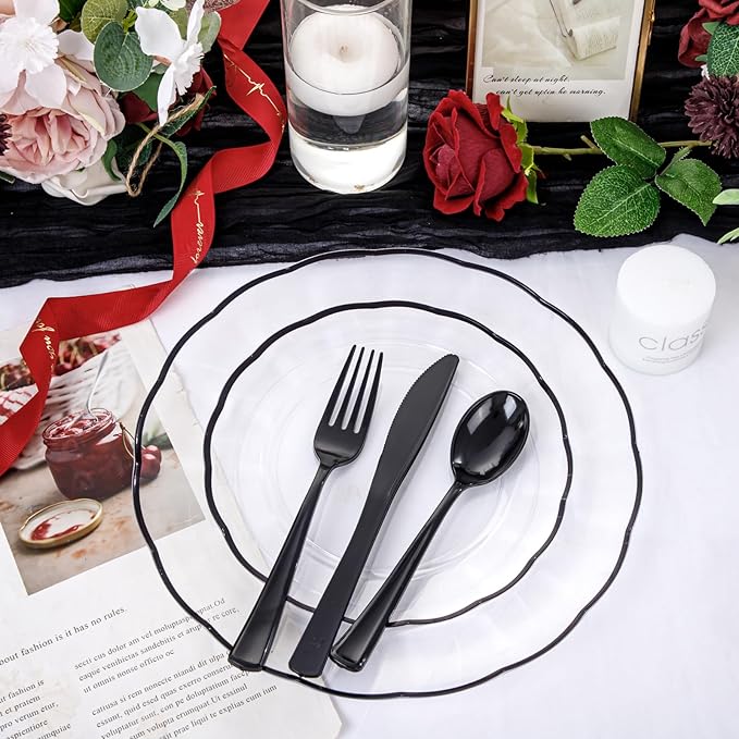 EI 150pcs Clear and Black Plastic Plates Dinnerware Disposable Party Set for 30Guests,Dinnerware Include 60 Clear Plates Disposable 90 Black Silverware,Perfect for Party,Business Events,Hotel