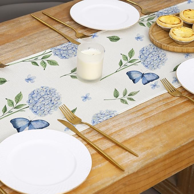ZCHOMI Hydrangea Butterfly Table Runner 13x72 Inch Summer Flowers Spring Kitchen Dinning Table Decoration for Indoor Outdoor Home Party D챕cor