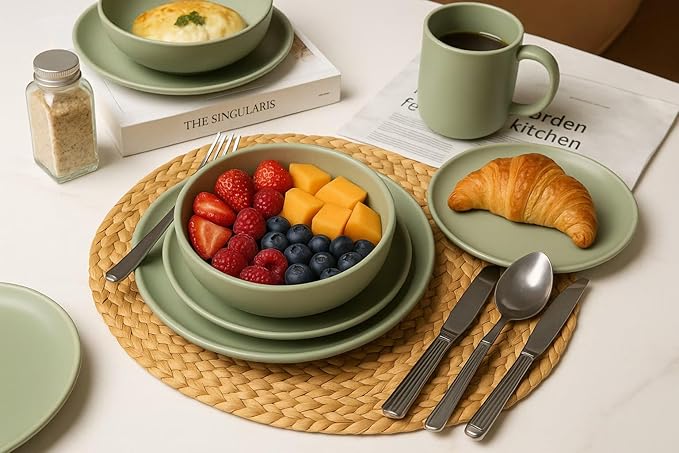 Furrnook 12-Piece Stoneware Dinnerware Set with Mugs | Microwave and Dishwasher Friendly | Stackable Matte Glaze Plates & Bowls | Service for 3 (Green for 3)