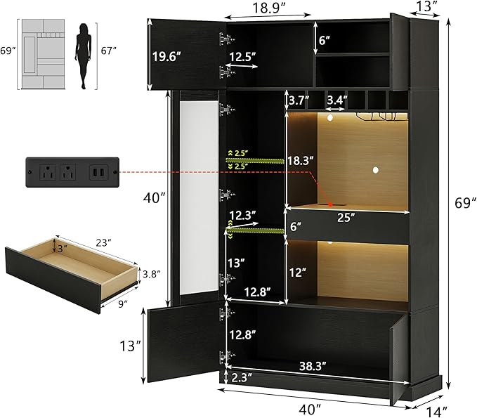 iPormis 69" Tall Kitchen Pantry Storage Cabinet with LED Light & Outlet, Kitchen Hutch with Microwave Stand & Wine Rack & Glass Door & Adjustable Shelf, Coffee Bar Hutch with Countertop, Black