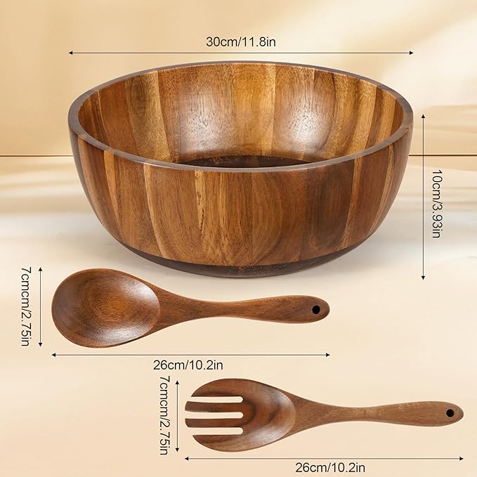 Wooden Salad Bowl Set 11.8 Inch ??Acacia Large Wood Salad Bowl with Wooden Serving Utensils, Big Salad Bowls for Fruits, Food Serving & Hosting Family Gatherings