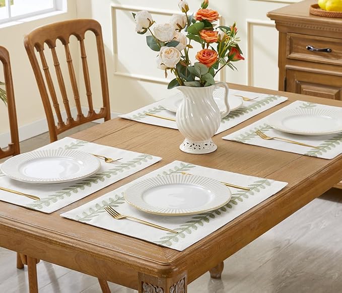 Wracra Embroidered Placemats, 13 x 18 Inch Set of 4 Placemats, Irregular Willow Rustic Place Mats for Kitchen Table and Heat Resistant, Light Sage Green 4PCS