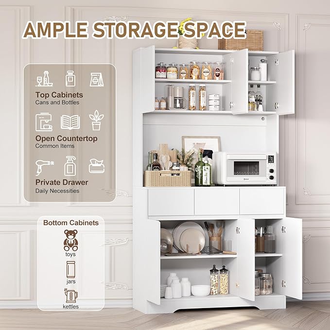 KAMABOKO 71" Kitchen Pantry Cabinet with LED Light and Charging Station Tall Pantry Storage Cabinet with Adjustable Shelves and Door Modern Kitchen Hutch with Microwave Stand and Countertop (White)