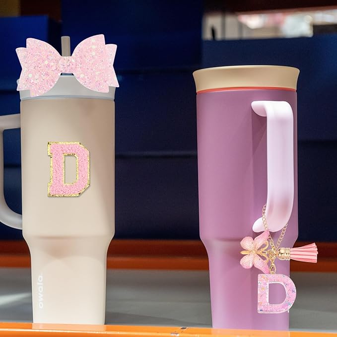 uxcell 8Pcs Cup Accessories Set for Cup Tumbler with Handle, Including Silicone Straw Cover, Boot, Spill Proof Stopper, Handle Charm, Initials Sticker(Letter D, Pink)