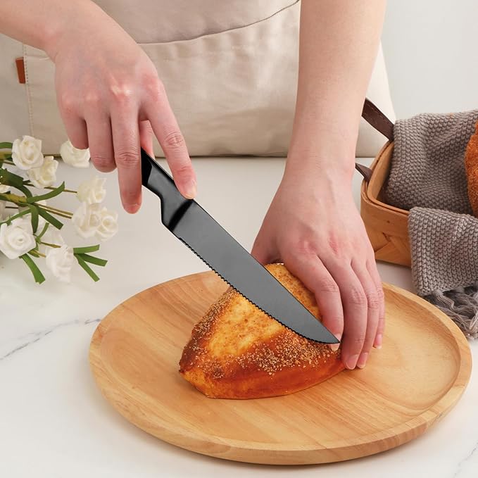 Black Steak Knife Sets, 6-Pieces Stainless Steel Kitchen Steak Knives-Easy to Clean and Non-Stick, 8.6 Inch, Dishwasher Safe