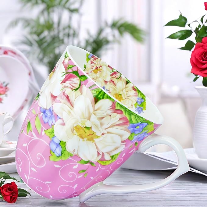 14oz Bone China Coffee Mugs for Women Floral Coffee Mug Tea Cups Novetly Coffee Cups Gift for Women Mom Friends