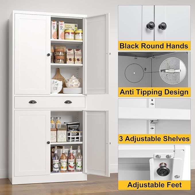 71??Food Pantry Storage Cabinet with Drawer,White Metal Kitchen Pantry Cabinet with Doors and Adjustable Shelves,Tall Storage Cabinets for Pantry,Kitchen,Livingroom
