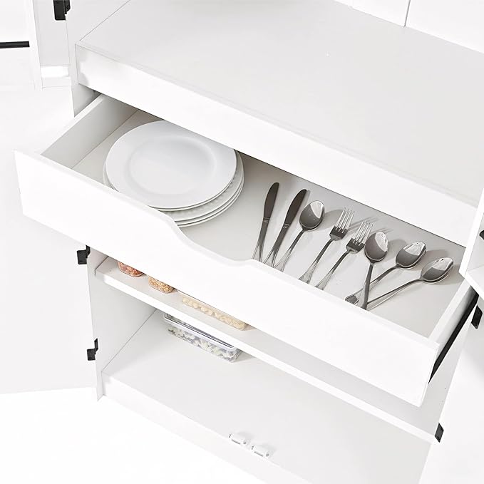 72" Farmhouse Tall Kitchen Pantry Cabinet, Wood Storage Cabinets with Hidden Drawer and 3 Adjustable Shelves, Cupboard with Door Shelves for Kitchen, Dining and Bathroom, White