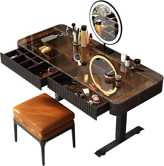 Lartis Vanity Table with Stool,Electric Lift Vanity Desk,Vanity Set竊똗p and Down Desk, Standing Vanity with Drawer (Black Brown, 50 in)