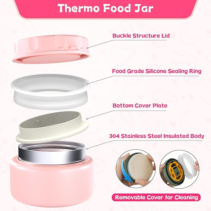 Aimsnk Kids Bento Lunch Box with 8oz Soup Thermo, Kids Leakproof Lunch Food Containers with 4 Compartment,Insulated Hot Food Jar with Lunch Bag for School, Travel (Pink)
