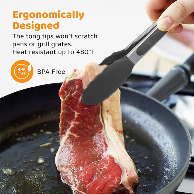 Popco 3-Piece Kitchen Tongs Set ??Stainless Steel Heat Resistant Silicone Tips, Strong Comfort Grip, 3 Sizes (7, 9, 12 Inch), Non-Scratch, Dishwasher Safe, for Cooking, BBQ, Salad