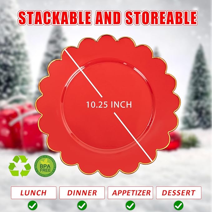SUT 72 Pcs Red Christmas Plates Disposable, Red Plastic Plates With Gold Trim, 10.25 Inch red Dinner Plates, Fancy Plastic plates, plates Disposable Heavy Duty for Wedding, Parties, Christmas