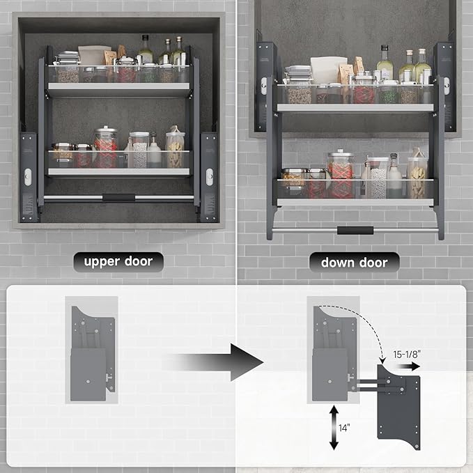 Pull Down Heavy Duty Shelf Organizer for Kitchen Upper Cabinet, 2-Tier Pull Down Cabinet Organizer, Adjustable Width of 30-32 Inch, White