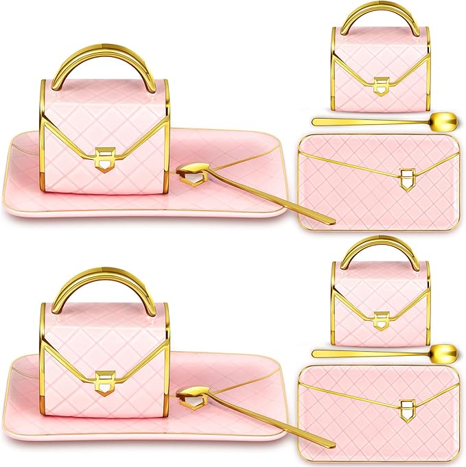 Zubebe 2 Sets Coffee Mug Elegant Handbag Shaped Cup Valentine's Day Modern Ceramic Purse Mug with Spoon and Saucer, 10oz Cute Creative Tea Cup for Woman Girls Gift (Pink)