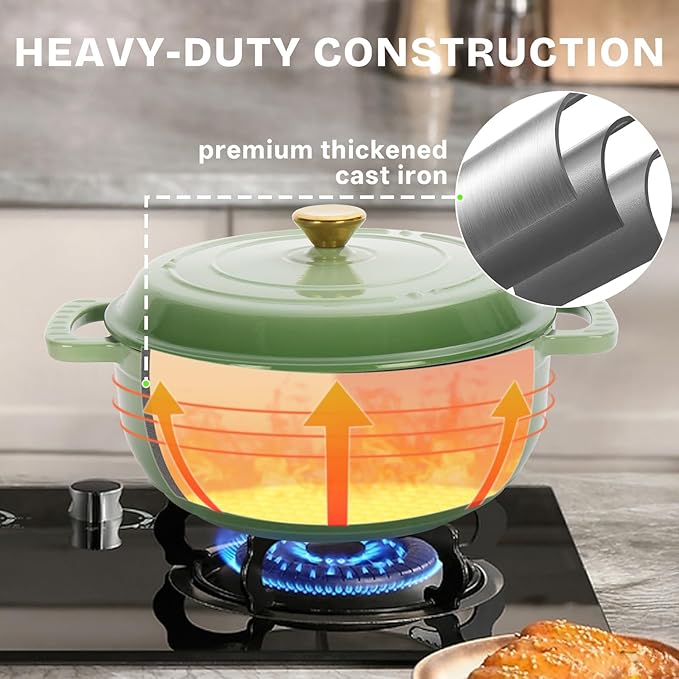Dutch Oven Pot with Lid, 5 Quart Enameled Cast Iron Dutch Oven, Dual Handles, Kitchen Pots Oven Safe up to 500째F, Stovetop Compatible, Marinate, Cook, Bread Baking, Refrigerate & Serve, Green