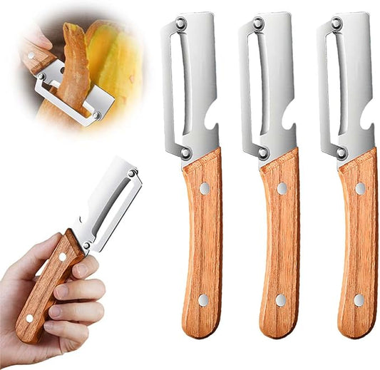 Multi-Functional Vegetable Peeler for Kitchen, Ultra-Sharp Stainless Steel Blade with Wooden Handle and Bottle Opener, For Vegetables or Fruits that Need to Be Peeled (3 Pcs)