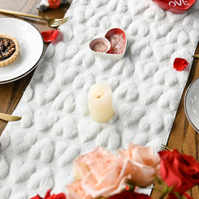 Artoid Mode White Soft Plush Faux Fur Jacquard Heart Valentine's Day Table Runner, Seasonal Kitchen Dining Table Decoration for Home Party Decor 13x120 Inch