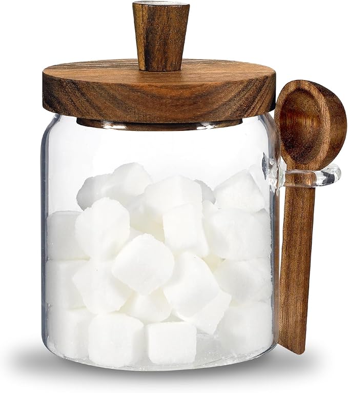 13oz Small Glass Food Storage Jar with Wood Lids Spoon Coffee Ground Canister Containers for Coffee Beans Bar Sugar Candy Spice Rice Tea (400ml/13.5oz-1 Pcs-with spoon)