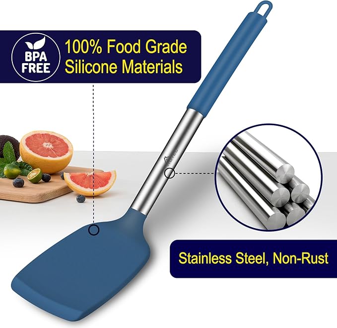 HOTEC Silicone Spatula Set of 2 Heat-Resistant 600째F & BPA-Free Kitchen SaptulaTurner with Stainless Steel Handles, Slotted & Solid Spatulas for Nonstick Cookware, 13.7 Inch, Classic Blue