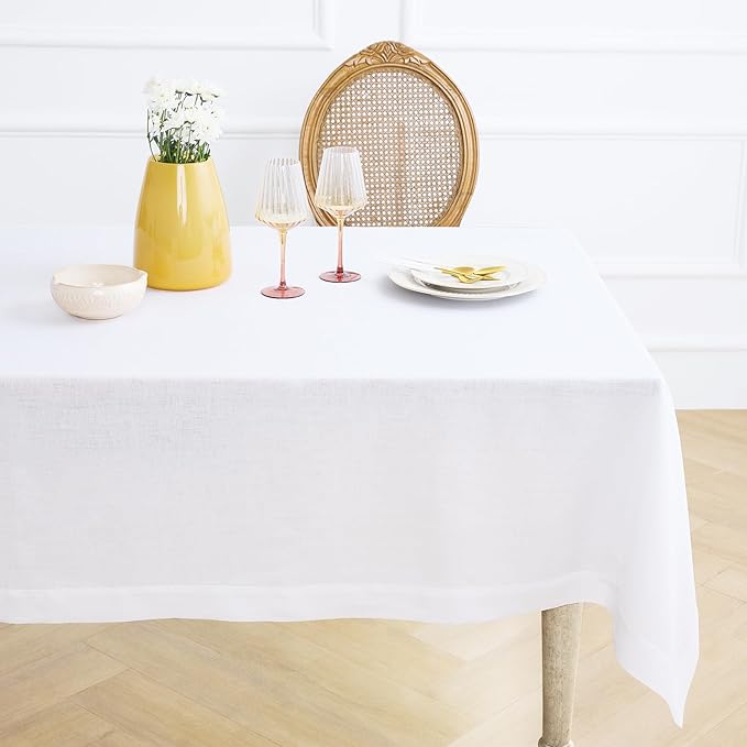 Solino Home White Tablecloth 60 x 108 Inch - 100% Pure Linen Rectangular Tablecloth - Machine Washable Table Cloth for Winter, Valentines, Spring, Easter - Fete