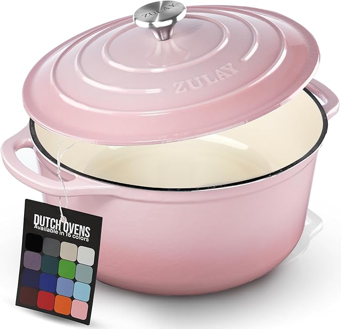 Zulay Kitchen 5 Quart Enameled Cast Iron Dutch Oven Pot with Lid ??Premium Durability & Oven Safe up to 500째F ??Heavy Duty Cookware Perfect for Bread Baking, Stews, Braising & Roasting ??Pink