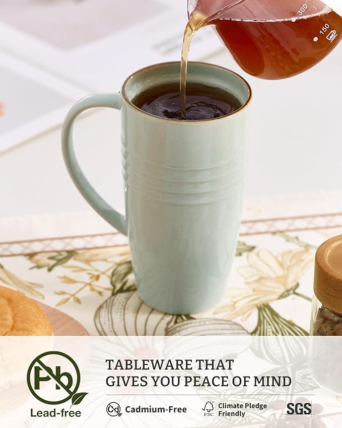 famiware Jupiter Large Coffee Mug, 20oz Coffee Mug with Lid, Ceramic Mugs Set of 2, Cup Set with Handle for Latte, Tea, Cocoa, Milk, Home & Office, Microwave and Dishwasher Safe, Light Green