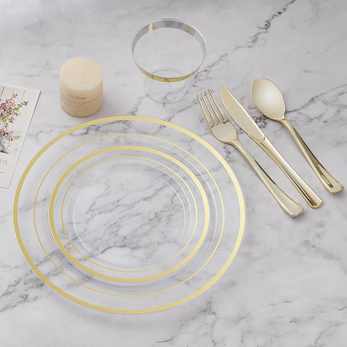 BESTVIP 100PCS Clear Plastic Plate, Disposable Party Plates with 50 Dinner and 50 Dessert Plates, Plastic Plate for Party, Wedding and Birthday