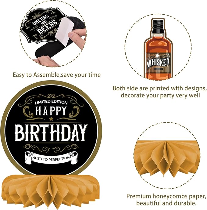 Whiskey pattern Birthday Party Decorations for MenTable Centerpiece Whiskey Honeycomb Table Toppers for 30th 40th 50th 60th 70th 80th Birthday decorations