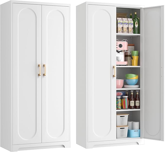 71" White Pantry Cabinet with Doors, Tall Metal Kitchen Pantry Storage Cabinet with 4 Adjustable Shelves and Gold Handles, Cupboard for Laundry, Dining Room, Living Room, Bathroom