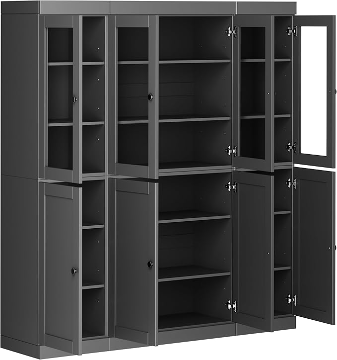 Palace Imports 100% Solid Wood Kitchen China Pantry Cabinet, 65" W - 4 Clear Glass & 4 Shaker Doors, Renewable Eco-Friendly Wood, Made in Brazil (Gray, 8 China/Shaker Doors | NO Drawers)