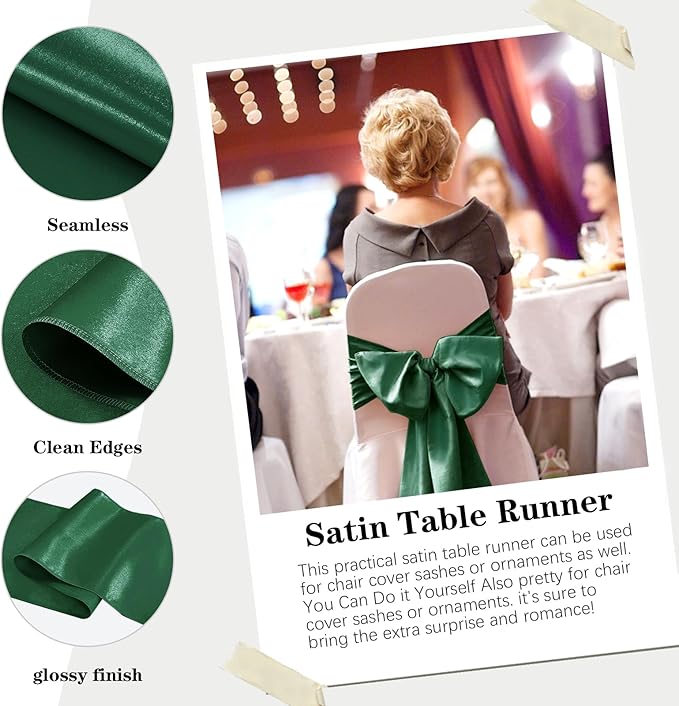 Yblut 10 Pack Satin Table Runner 12 x 108 Inch Long Dark Green Silk Table Runner for Wedding Party Banquet Birthday Decoration