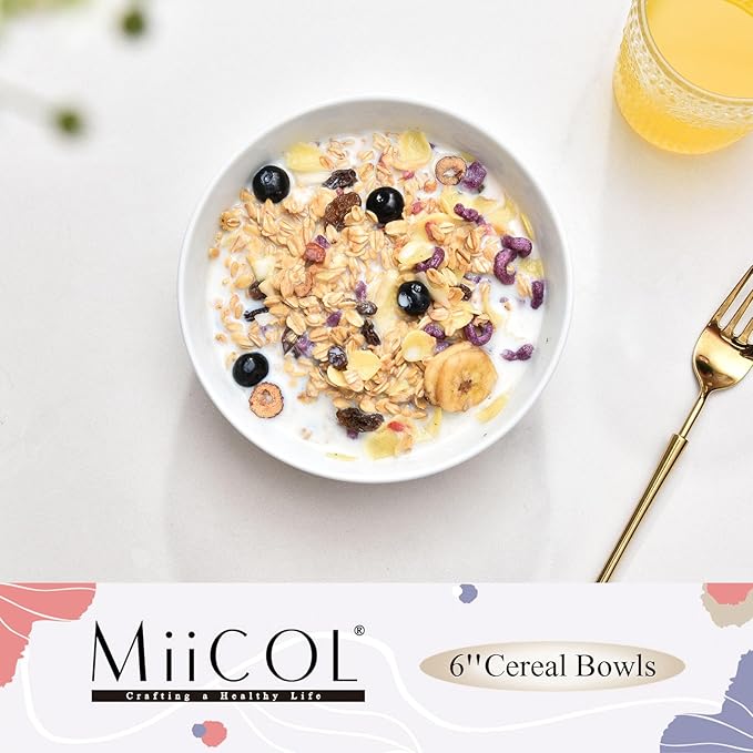 Miicol White Cereal Bowls 20 oz, Ceramic Soup Bowls Set of 4, Breakfast Bowl 6 inch, Kitchen Bowl for Pasta, Salad, Ramen, Oatmeal, Microwave and Dishwasher Safe