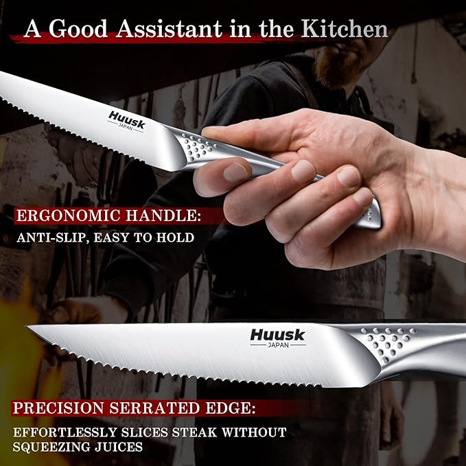 Huusk Serrated Steak Knives Set - 4.5" Japanese Stainless Steel Steak Knives Set of 6, Sharp Dishwasher Safe Dinner Knife for Kitchen Table with Gift Box, Christmas Gifts for Men Women