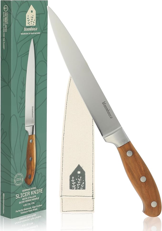 Bloomhouse 8-Inch Slicing Knife ??German Stainless Steel Carving Blade with Forged Italian Olive Wood Handle, Full Tang Knife for Meat, Roasts & BBQ