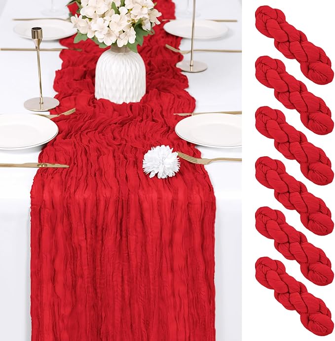 RealBox 6 Pack Red Cheesecloth Table Runner 17x108 Inch Semi Sheer Boho Gauze Cheese Cloth Fabric Table Runners Table Decor for Wedding Party Baby Shower Birthday Home Decor Garden Farmhouse