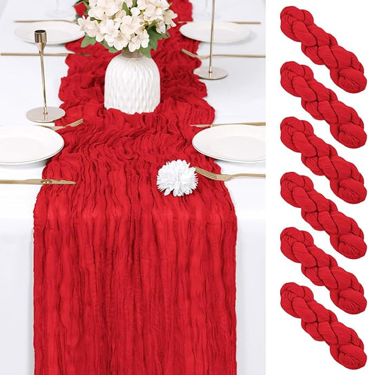 RealBox 6 Pack Red Cheesecloth Table Runner 17x108 Inch Semi Sheer Boho Gauze Cheese Cloth Fabric Table Runners Table Decor for Wedding Party Baby Shower Birthday Home Decor Garden Farmhouse