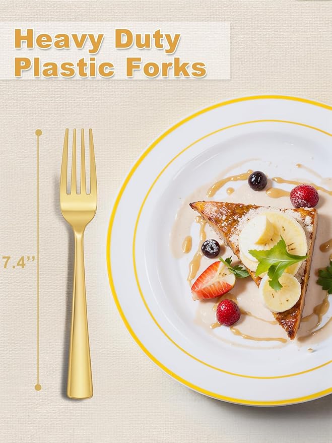 WDF 100 Pcs Gold Plastic Forks - Heavy Duty Sturdy&Durable Forks Disposable 7.4inch - Elegant Gold Forks for Dessert, Durable Plastic Cutlery for Wedding or Daily Using Valentine's Day