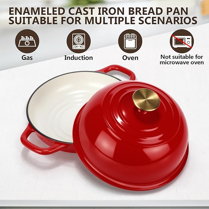 Tioncy Enameled Bread Dutch Oven with Lid for Sourdough Baking 5 Quart Round Cast Iron Dutch Oven Pot Bread Bakers for Kitchen Homemade Cookware Gifts Roasting Frying Cooking Stewing(Red)