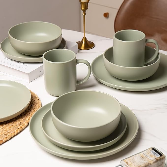 Furrnook 12-Piece Stoneware Dinnerware Set with Mugs | Microwave and Dishwasher Friendly | Stackable Matte Glaze Plates & Bowls | Service for 3 (Green for 3)