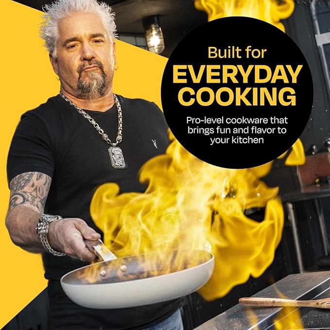 Guy Fieri's Flavortown 15-Piece Ceramic Cookware Set, Nonstick Pots and Pans for Cooking, Easy-Clean Kitchen Cookware, Made without PFAS PTFE PFOA, Induction Compatible, Dishwasher Safe, Blue & White