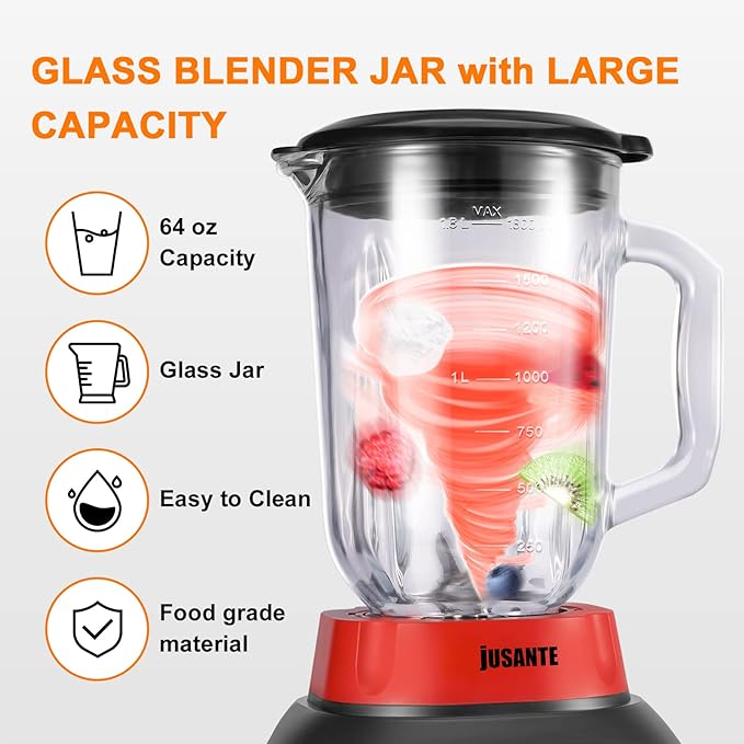 Blender, Countertop Blender for Smoothies with 64 oz Glass Jar Kitchen, 1200 Watts High Speed Juicer Blender Ice Crusher for Shakes Frozen Drinks (Red)