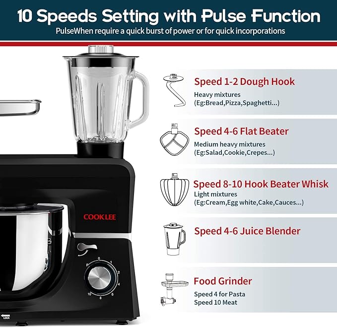 COOKLEE 6-IN-1 Stand Mixer, 8.5 Qt. Multifunctional Electric Kitchen Mixer with 9 Accessories for Most Home Cooks (Black1)